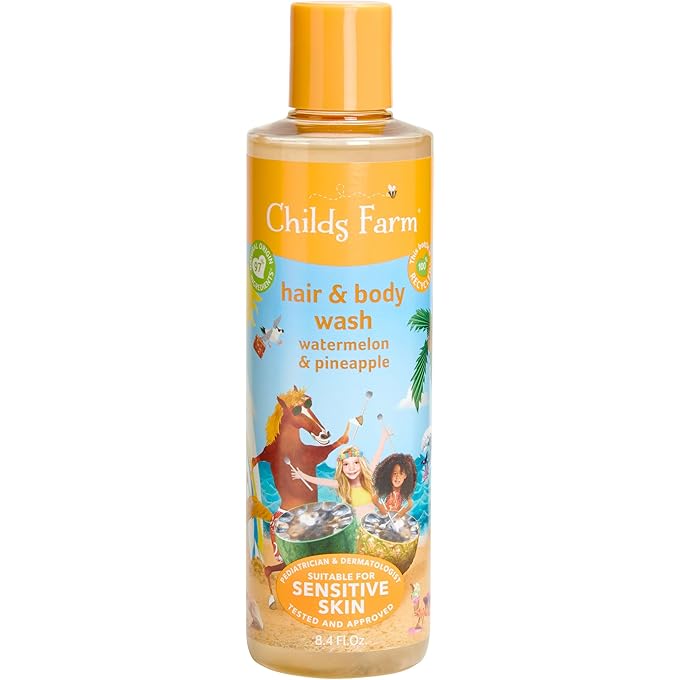 غسول Childs Farm، غسول للشعر والجسم للأطفال للبشرة الجافة والحساسة، البطيخ والأناناس العضوي، تنظيف لطيف، نباتي، خال من القسوة، 8.4 أونصة سائلة